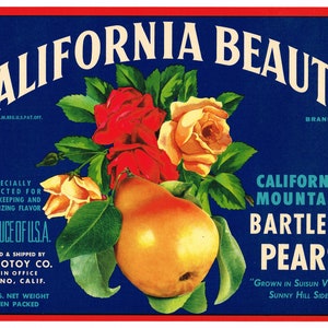 Original vintage pear crate label 1940s Scarce California Beauties Floral Fresno Suisun California