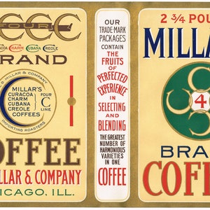 Original vintage Tin Can label 1930s Millar&#39;s 4 C&#39;s Brand Chicago Illinois General Store Coffee Giant Size 15x10&quot;