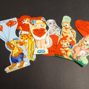 Original vintage set of 6 different 1950s unused lithographed valentine cute animals hearts die cuts paper ephemera