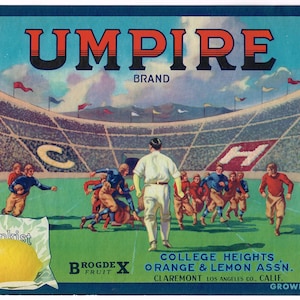 Original Vintage Zitronenkiste Etikett 1920er Jahre Umpire College Football Rose Bowl Claremont California