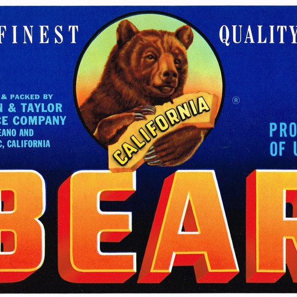 Original vintage vegetable crate label 1950s Bear Oceano & Lompoc Santa Barbara County California State Map Cal Bears 5x7"
