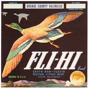 Original vintage citrus crate label 1930s Fli-HI Mallard Duck In Flight Tustin Santa Ana Orange County Scarce