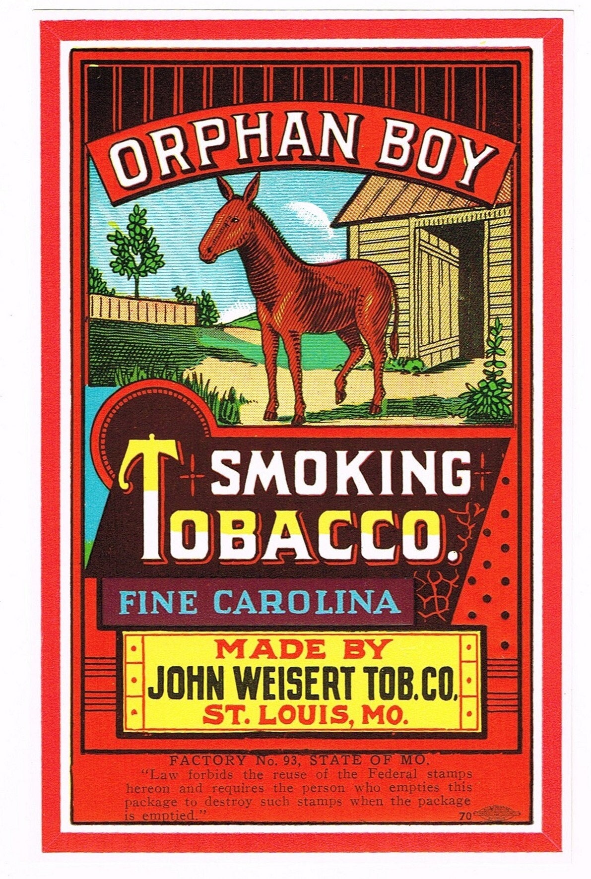 Original Vintage C1950 Tobacco Label NOS Orphan Boy Mule St Louis