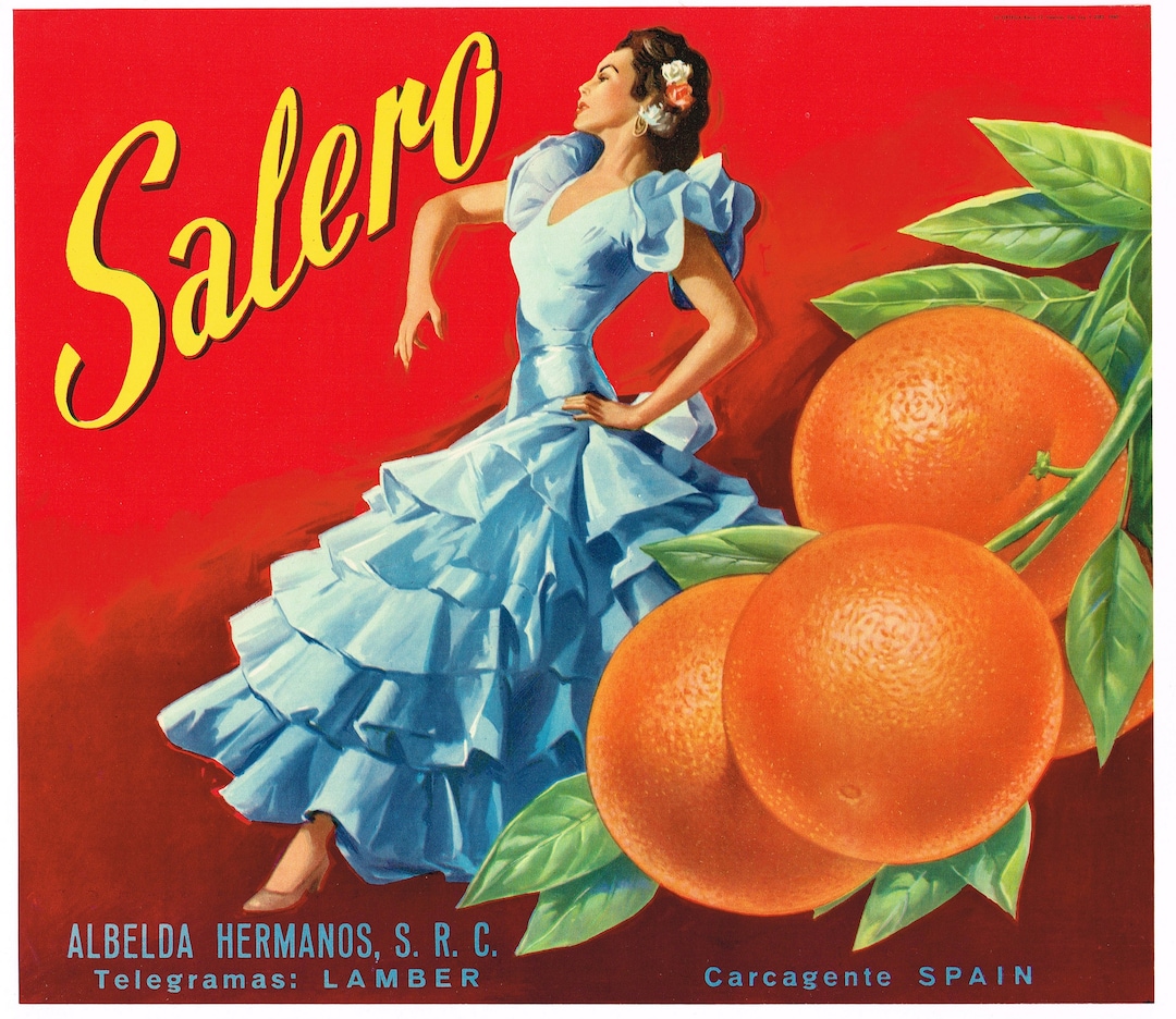Original Vintage Spanish Citrus Crate Label C1950s Spain Salero Dance