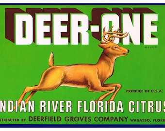 May include: A vintage label for Deer-One Indian River Florida Citrus, featuring a stylised deer leaping across a green background. The text "DEER-ONE" is in large white letters with a brown outline. The label also includes the text "PRODUCE OF U.S.A." and "DISTRIBUTED BY DEERFIELD GROVES COMPANY WABASSO, FLORIDA."