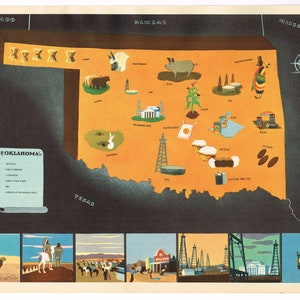 Original Vintage Norman Reeves Minimalismus Karte Cartoon bildliche 1938 Festzug der Staaten New York Worlds Fair 1939 Oklahoma Oklahoma City