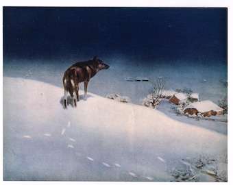 Original vintage print 1930s Victor Kowalski Lithographed The Lone Wolf Winter Landscape 9x7&quot;