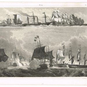 Original antique steel plate engraving print 1851 Nautical Marine Naval Sailing Ships at War Line of Battle