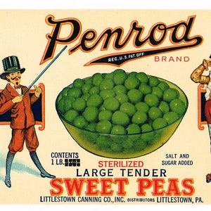 Original vintage Tin Can label 1930s Penrod Littlestown Pennsylvania Sweet Peas Dog Characters