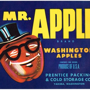 Original vintage apple crate label 1940s Mr. Apple Yakima Anthropomorphic Washington State