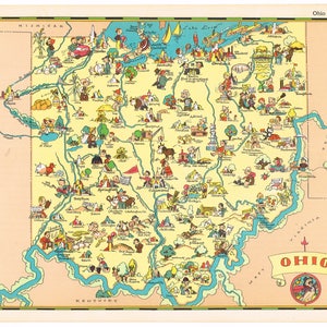 Original scarce vintage Ruth Taylor map cartoon pictorial 1935 Ohio Cleveland Toledo Cincinnati