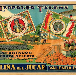 Original vintage Spanish citrus crate label 1930s Spain Leopold Talens Label In Label Cats Oranges Valencia Espana