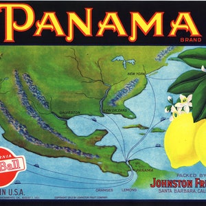 Original Lemon Kiste label Santa Barbara County Kalifornien 1930er Jahrgang Panama Nordamerika Karte