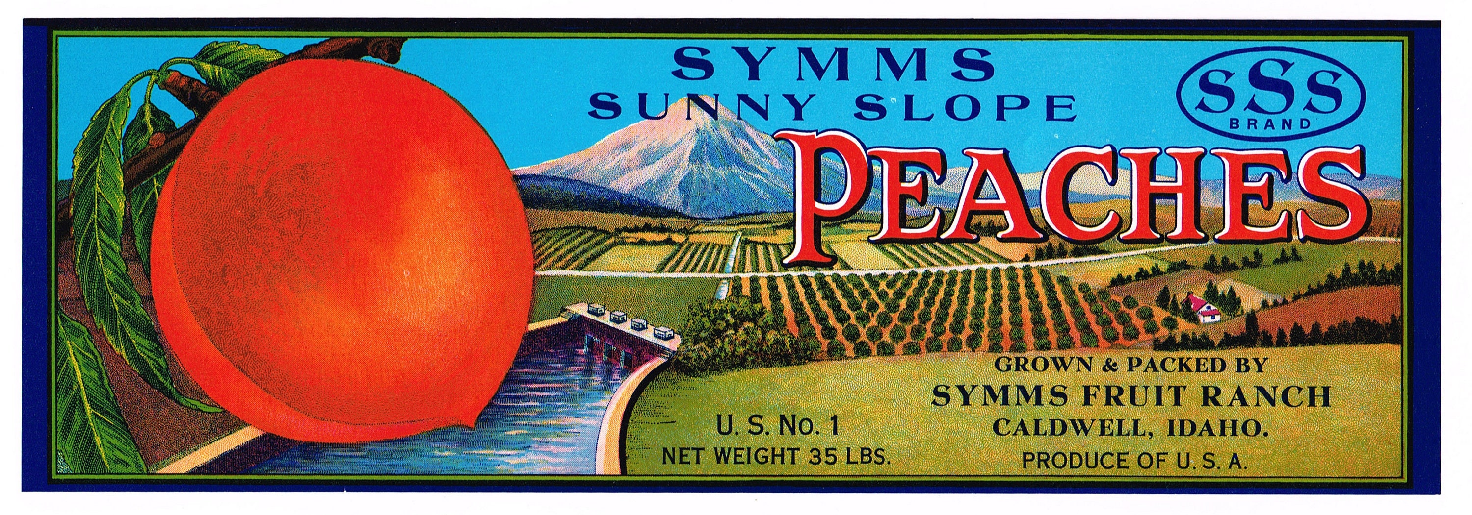 Original Vintage Peach Crate Label 1940s Caldwell Idaho Symms