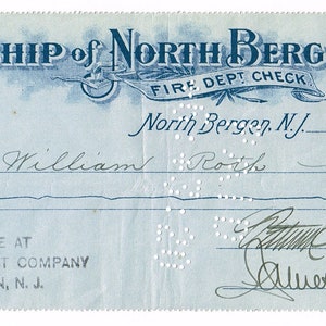 Original vintage antique check Township of North Bergen New Jersey Hoboken Fire Department 1920 Printing Printer