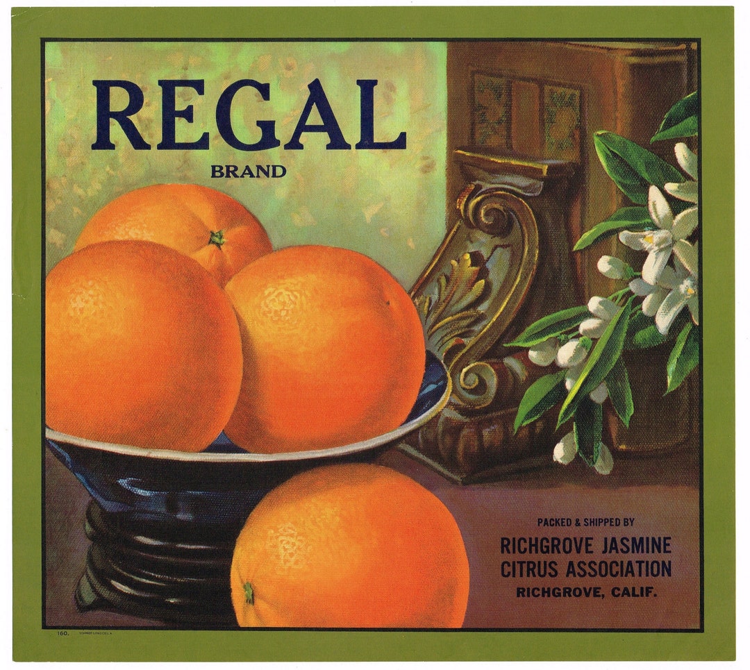Original Vintage Citrus Crate Label 1940s Regal Brand Richgrove Jasmine
