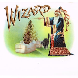 May include: A vintage illustration of a wizard in a blue robe with a long white beard, holding a wand and pointing it at a plant growing from a box. The wizard is wearing a red and gold hat with a long red ribbon. A black cat is sitting on the ground next to the box. The illustration is on a white background with the word "WIZARD" in gold lettering.