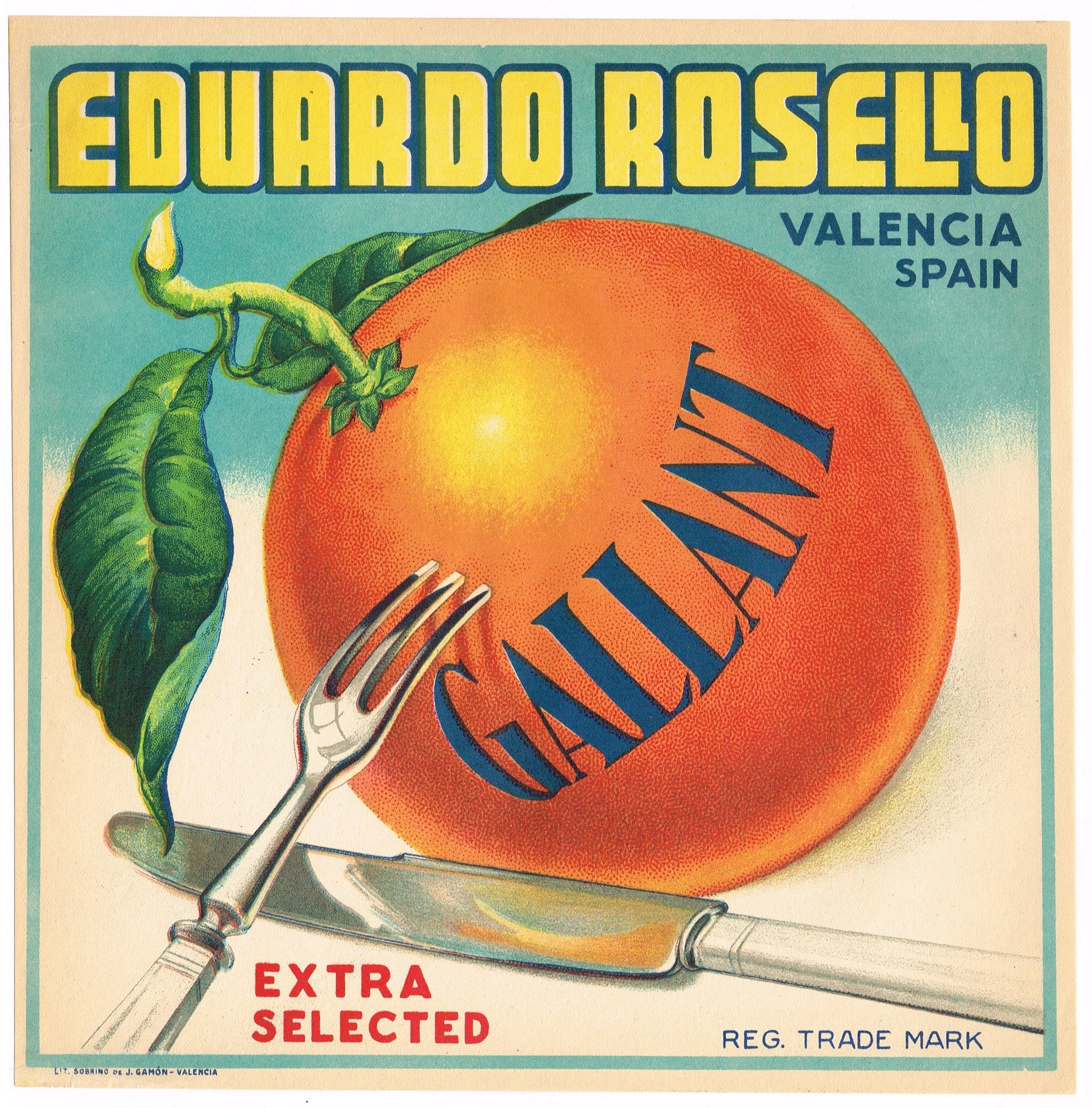 Original Vintage Spanish Citrus Crate Label 1940s Spain Gallant Fork