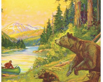 Original vintage calendar print 1940s Fishing Fish Camp Bear Bears Cubs Tin Can "Surprised" 8x6"