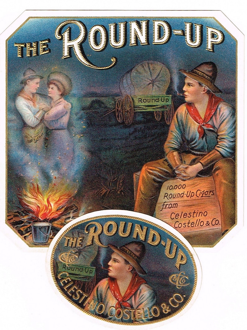 original vintage cigar box label gunfight free shipping cowboy c1920s round up