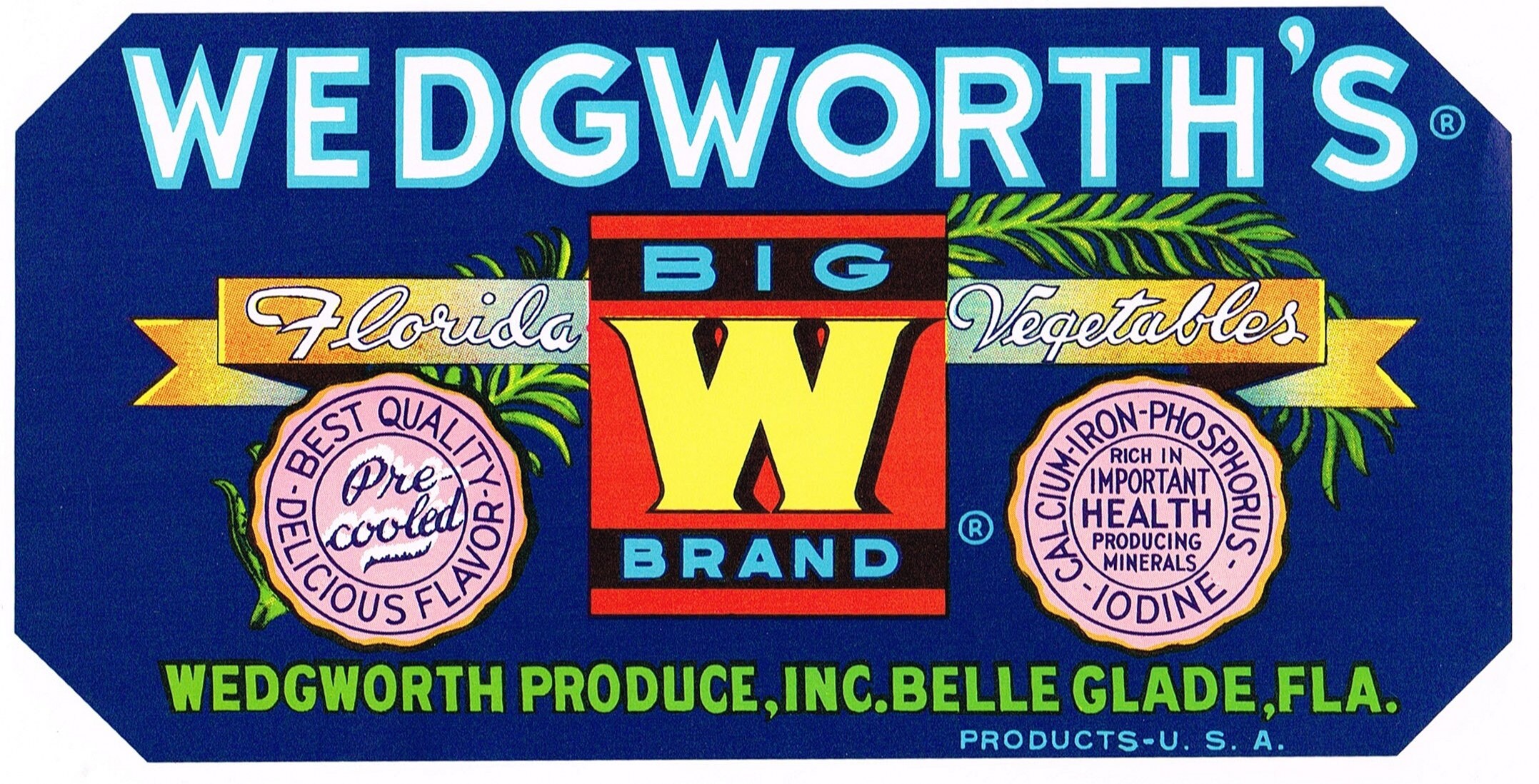 Original vintage Florida vegetable crate label c1950s Big W Wedgworth 7x3.5" Belle Glade Produce