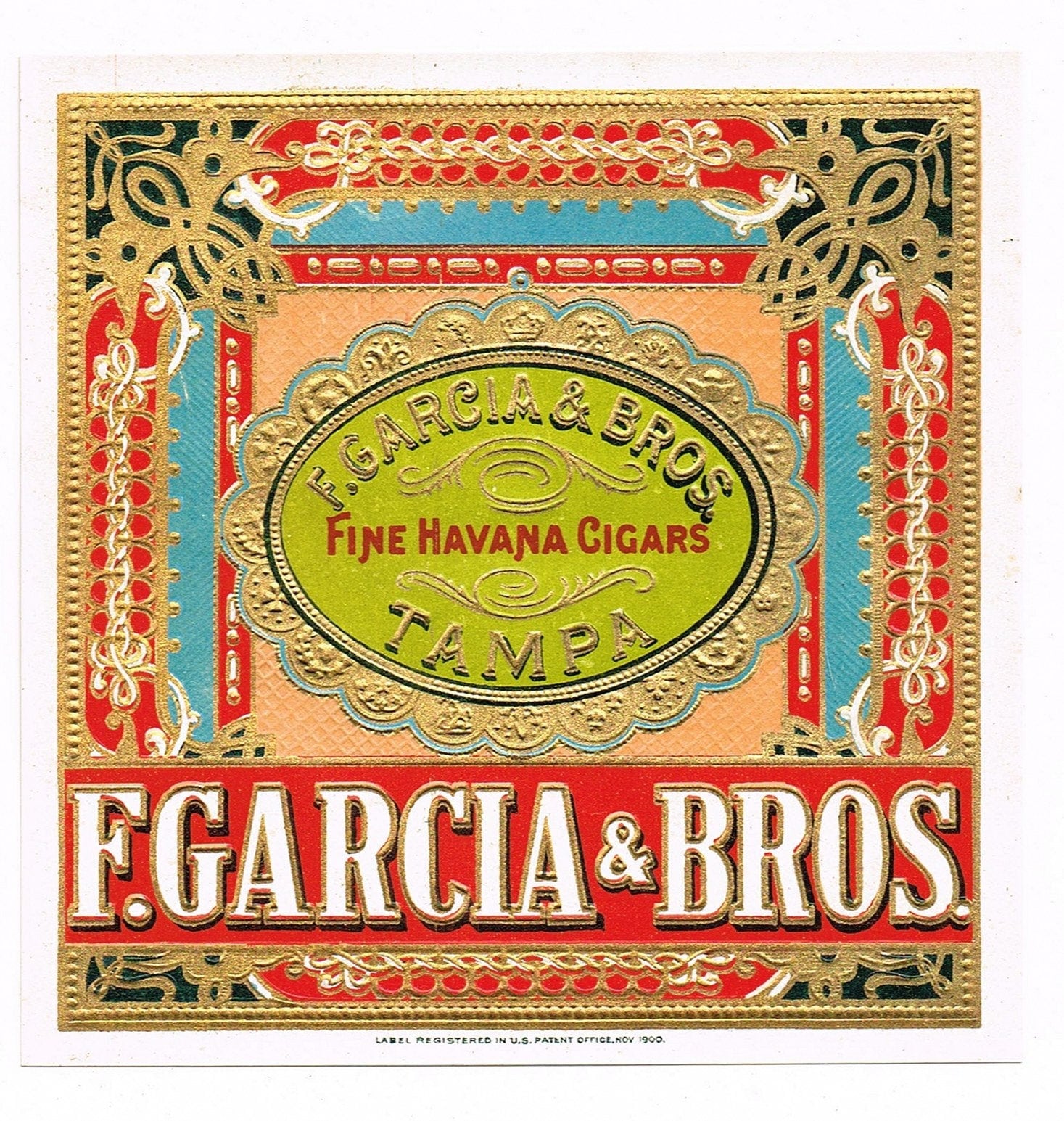 Original vintage cigar box label c1910 Chromolithograph Highly Ornate  Embossed Tampa Florida Garcia Bros. Outer, image size:1467x1545