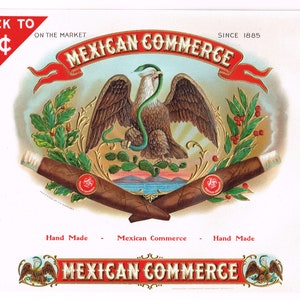 Original vintage cigar box label c1930s Mexican Commerce Eagle & Snake bronzed and embossed