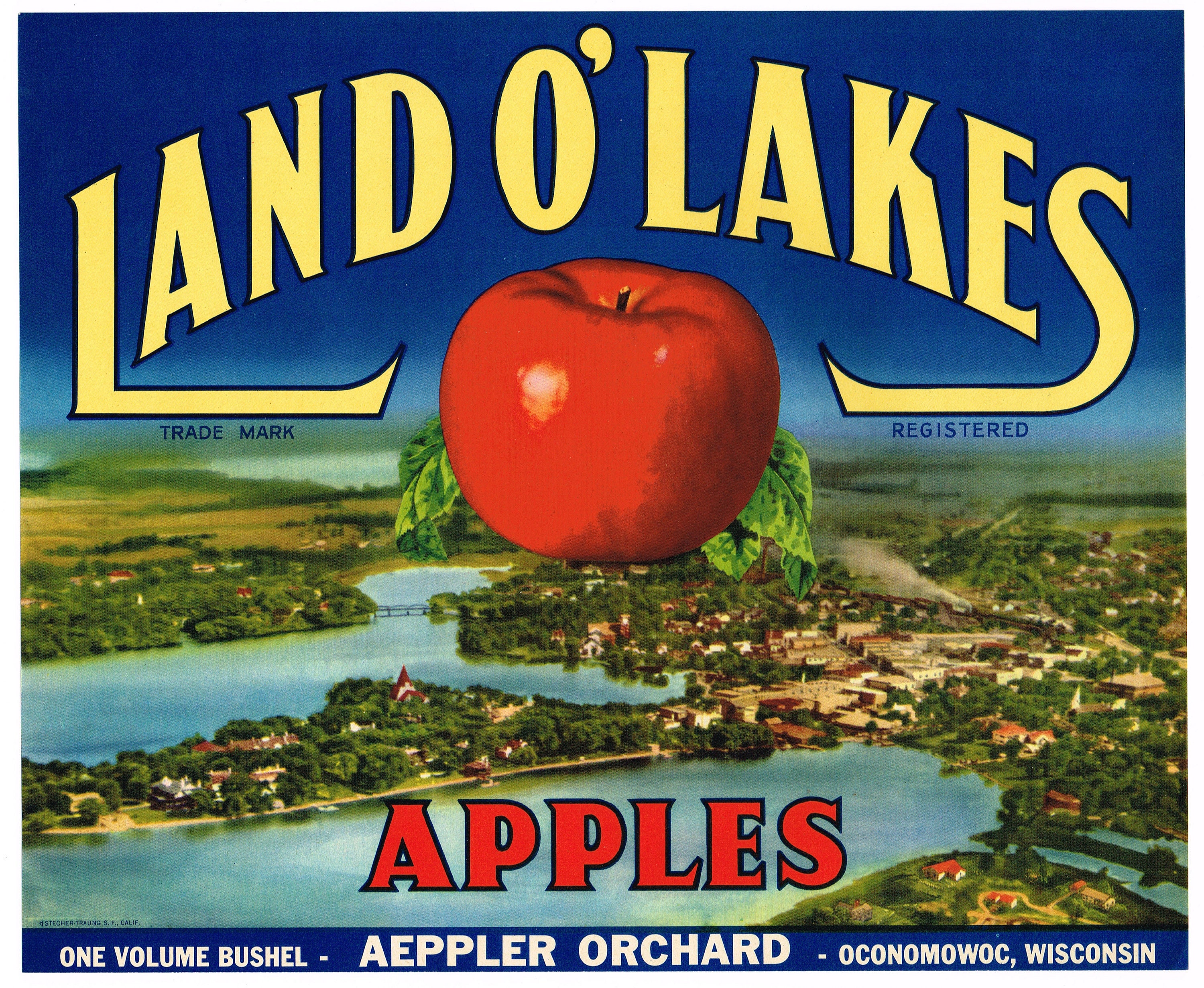 Original vintage apple crate label 1940s Land O' Lakes Oconomowoc Wisconsin Aeppler Scarce