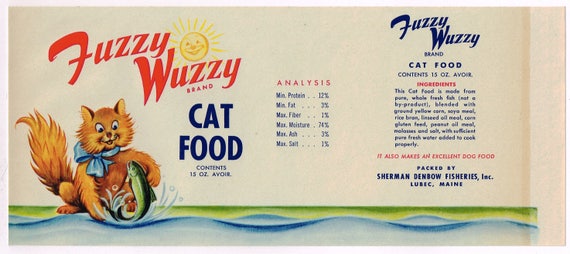 VINTAGE CAN LABEL CAT FOOD 1950S GENUINE PET FUZZY WUZZY ATE A FISH LUBEC MAINE