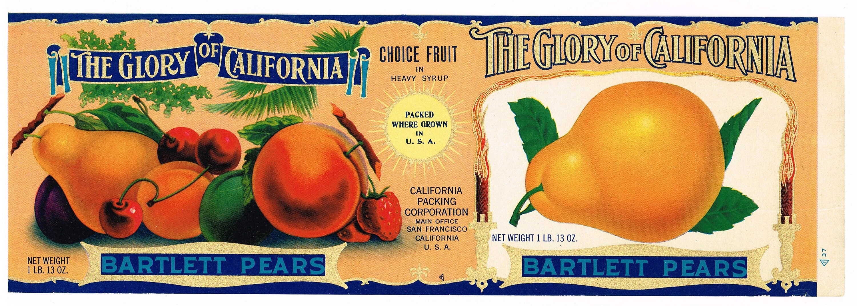 Original vintage Tin Can label C1915 The Glory of California San Francisco California Packing Corporation Bartlett Pear Original vintage Tin Can label C1915 The Glory of California San Francisco California Packing Corporation Bartlett Pear