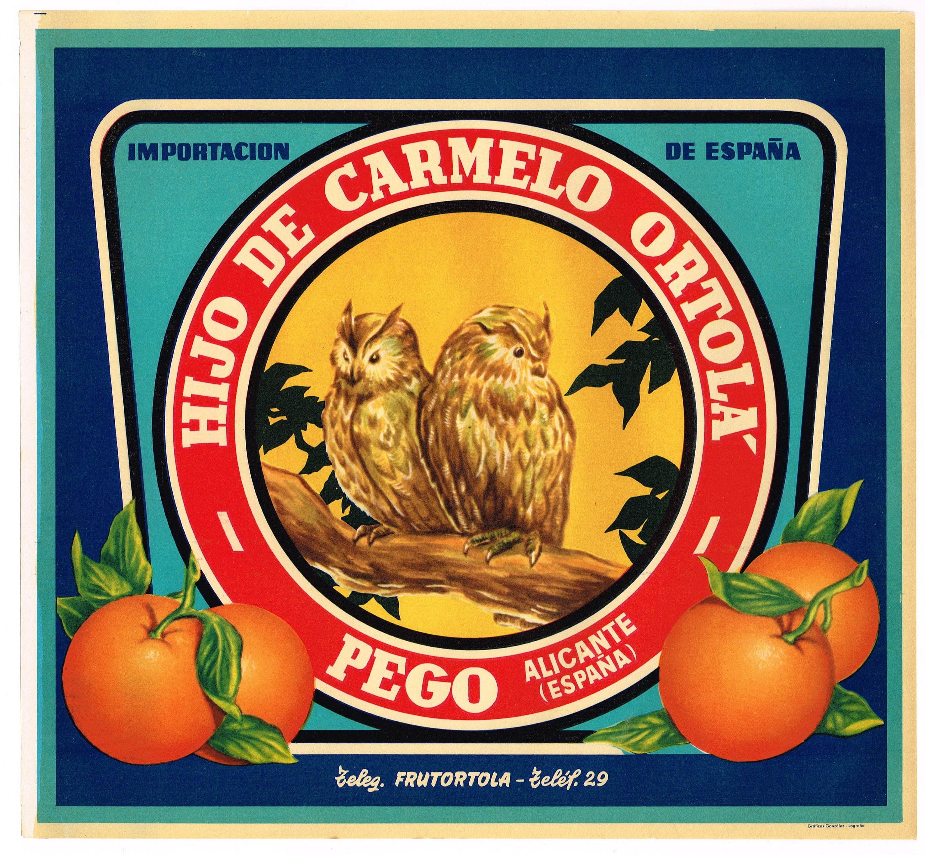 Original Vintage Spanish Citrus Crate Label C1950s Spain Owls Etsy Canada