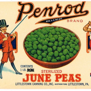 Original vintage Tin Can label 1930s Penrod Littlestown Pennsylvania June Peas Dog Characters