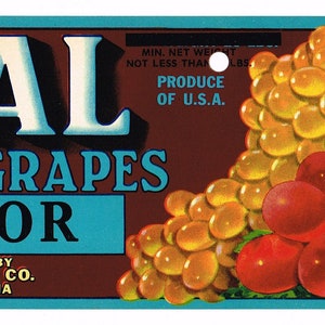 Original vintage grape crate label 1940s Royal Brand Mixed Grapes Dinuba California Kilburn Packing