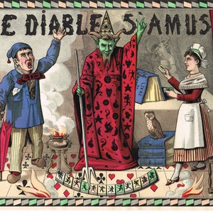 Originale vintage gioco da tavolo scatola stampa c1910-1915 cromolitografo frontale misticismo gioco d'azzardo diavolo magico carte da gioco Parigi Francia