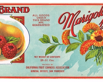 May include: A vintage label for Marigold Brand canned fruit. The label features a colorful illustration of peaches, pears, cherries, and strawberries, along with a bouquet of orange marigold flowers. The text on the label reads "Marigold Brand", "All goods under this brand are guaranteed", "Net weight of contents 29-31 oz", "Packed by California Fruit Canners Association", and "General Offices, San Francisco".