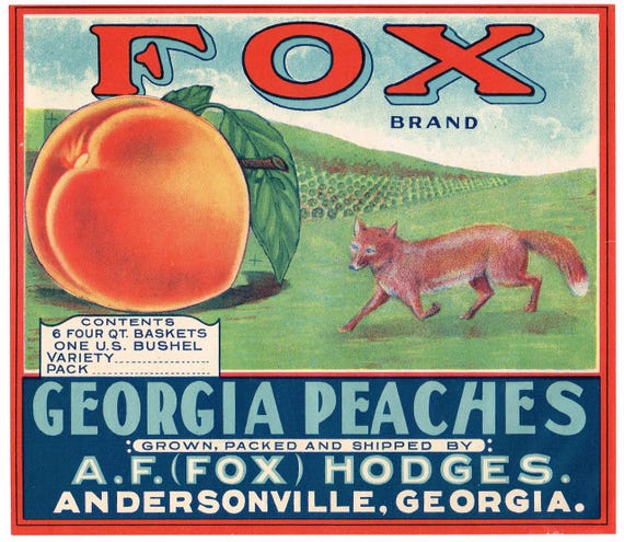Original Vintage Peach Crate Label C1930 Fox Brand Georgia Peach