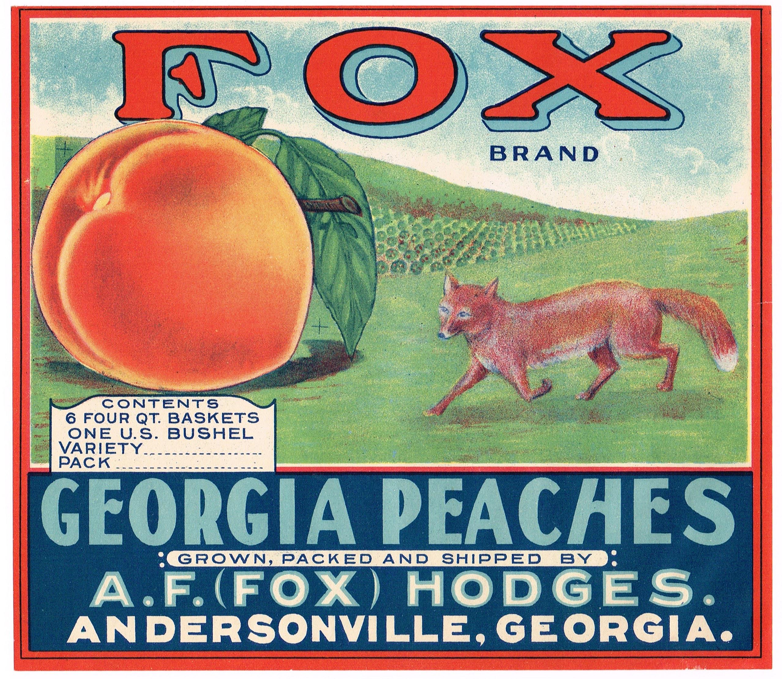 Original Vintage Peach Crate Label C1930 Fox Brand Georgia Peach