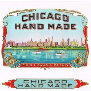 Original vintage cigar box label c1930s Chicago Hand Made Illinois Skyline Lake Michigan Scarce