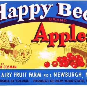 Original vintage apple crate label 1940s Happy Bumble Bee Neburgh New York Mt. Airy Fruit Farm