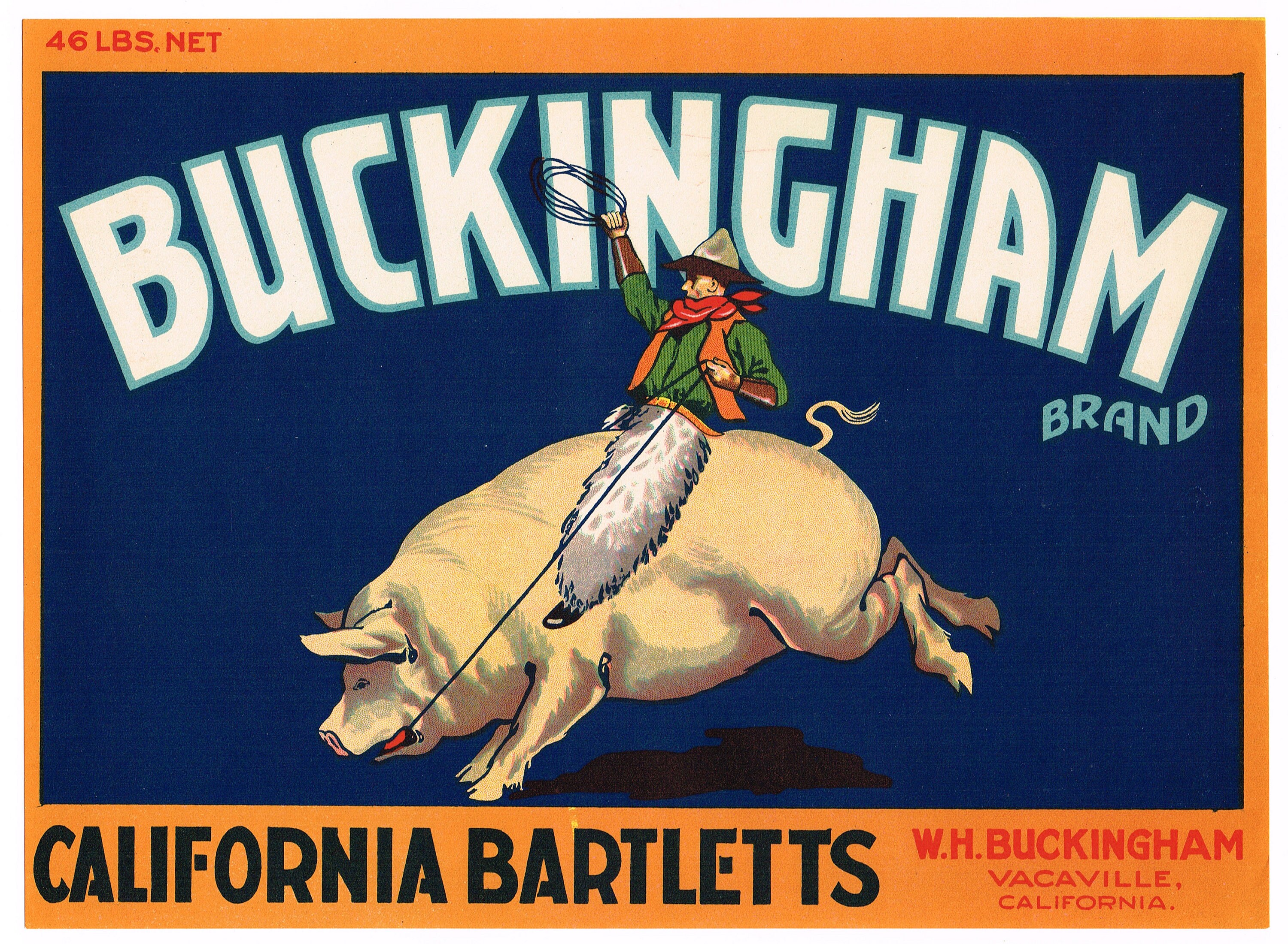 Original Vintage Pear Crate Label 1930s Buckingham Bucking Pig