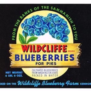 Original vintage Blueberry Crate Label 1950s Kenmore Washington Blueberries Pie Sammamish River