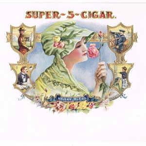 Original vintage cigar box label c1920 Chromolithograph Embossed Girl Floral Military Nautical Super 5 Inner