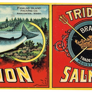 Original vintage Tin Can label c1915 Trident Puget Sound Salmon Fidalgo Island Anacortes Washington
