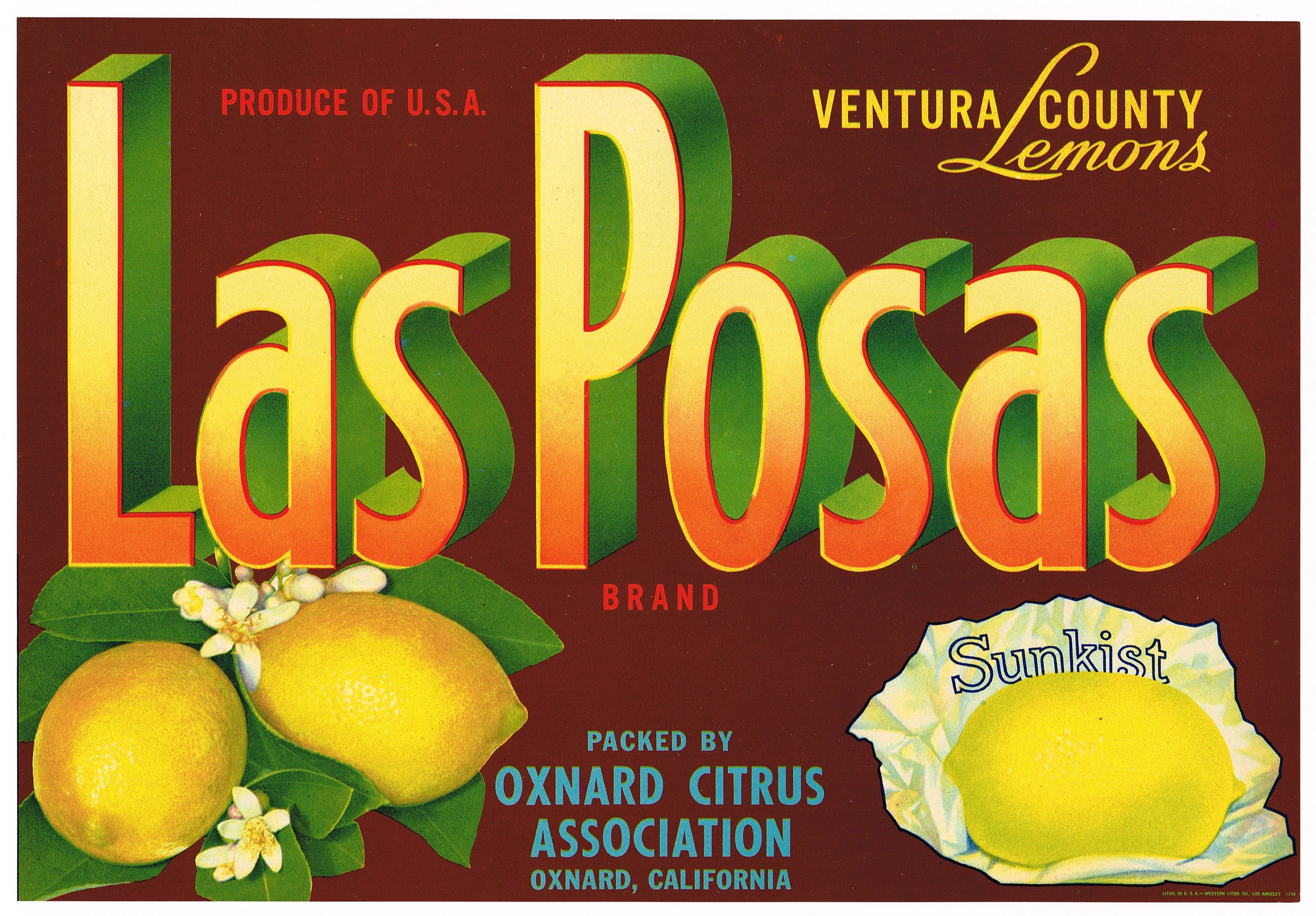Original Vintage Lemon Crate Label 1940s Las Posas Oxnard Ventura