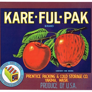 Original vintage apple crate label 1940s Kare-Ful-Pak Yakima Valley Washington State Maroon