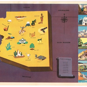 Original Vintage Norman Reeves Minimalismus Karte Cartoon bildhafte 1938 Festzug der Staaten New York Worlds Fair 1939 Arizona Phoenix