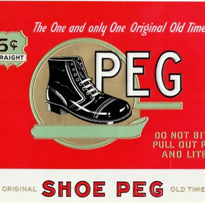 Original vintage cigar box label c1920s Peg Lace Up Work Shoe Boot Embossed Bold Graphics Great Label