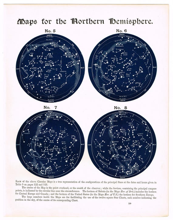 Antique Astronomy 1890 Original Print Star Chart Map Classic 
