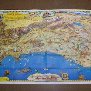Original scarce vintage Southern California Pictorial Map 1963 Malibu Catalina Riverside Los Angeles Palm Springs