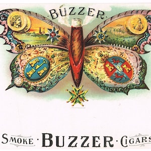 Original vintage cigar box label c1900 Chromolithograph Buzzer Butterfly Art Nouveau Otis Litho Cleveland Ohio